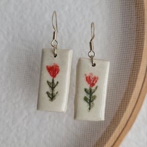 Ceramic Indian Paintbrush Flower Earrings Silver Plated Red Floral